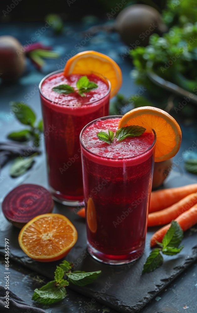 Two glasses of fresh beet juice with orange slices and mint garnish, carrots and beetroot on a rustic table, Beetroot and carrot juice, beetroot juice, carrot juice, Brainboosting drink. Two glasses of fresh beet juice with orange slices and mint garnish, carrots and beetroot on a rustic table, Beetroot and carrot juice, beetroot juice, carrot juice, Brainboosting drink.