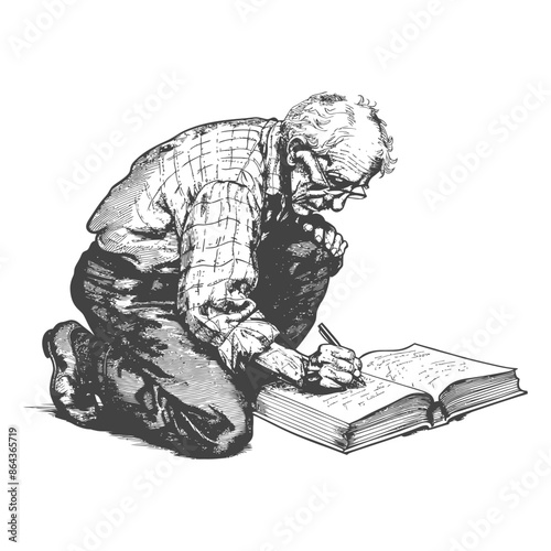 Kneeling Scribe: Elderly Man in Overalls Journaling Outdoors, Pen and Ink Sketch.