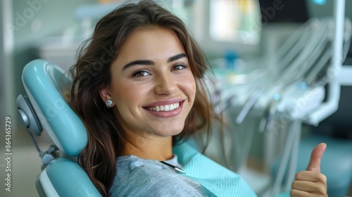 A woman with dark hair and a big smile, sitting comfortably in a dental chair and signaling thumbs up, demonstrating her positive and satisfying experience at the dentist.