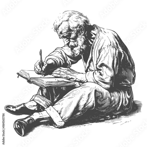 Seated Sage: Pen & Ink Study of Elderly Man Writing in Book, Detailed Beard, Black & White.