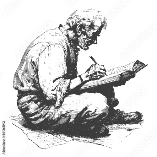 Ink Sketch: Elderly Man Sitting, Writing in Large Book, Focused Expression, Artistic Rendition.