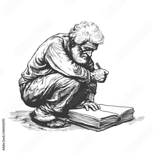 Squatting Scribe: Old Man with Quill over Open Book, Grayscale Sketch.