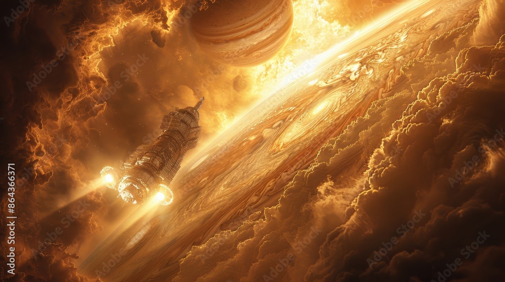 Obraz premium Spaceship journey through fiery gas clouds near distant planet in outer space