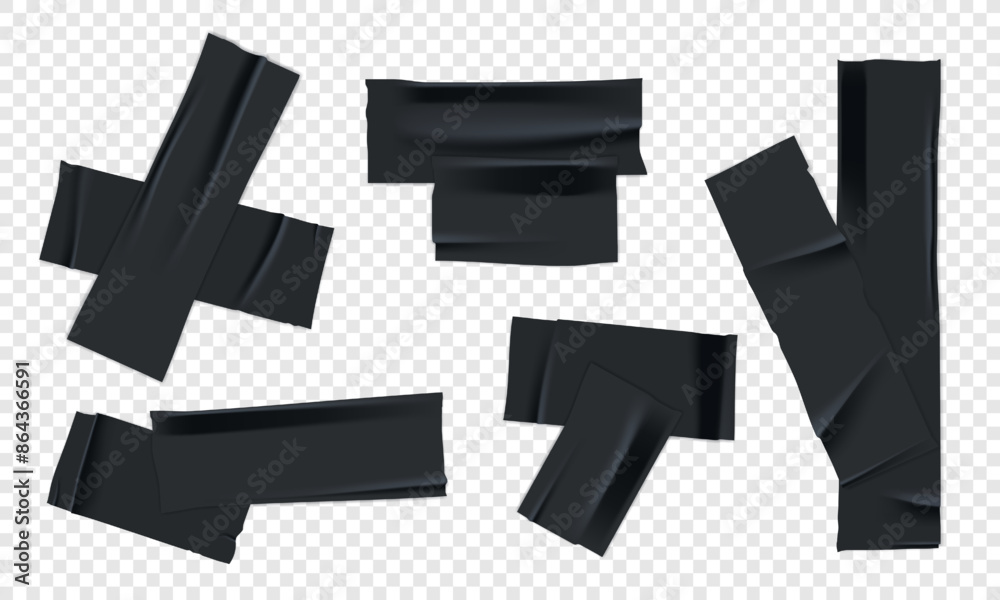 Vector set of 3D realistic black adhesive tape. Torn pieces of masking tape isolated on transparent background. Vector set of 3D realistic black adhesive tape. Torn pieces of masking tape isolated on transparent background.