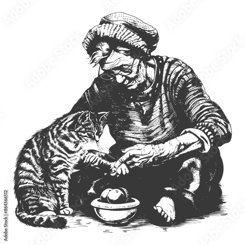 elderly woman activities with cat with engraving style
