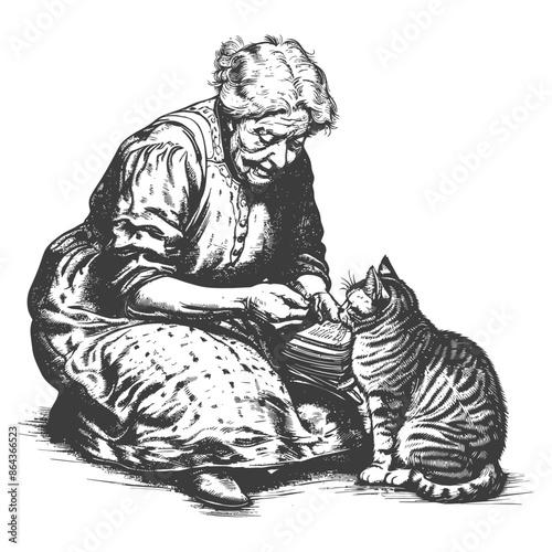 elderly woman activities with cat with engraving style