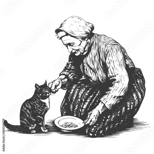 elderly woman activities with cat with engraving style