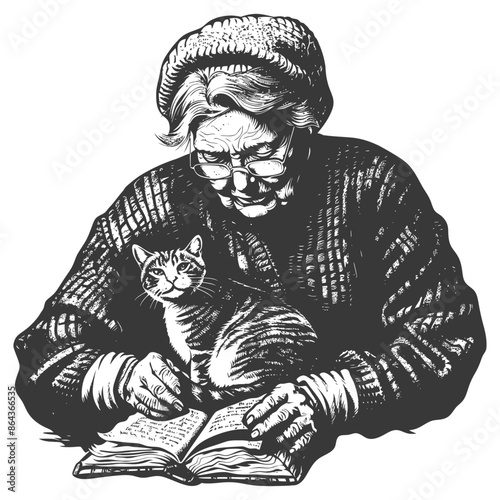 elderly woman activities with cat with engraving style