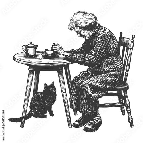 elderly woman activities with cat with engraving style