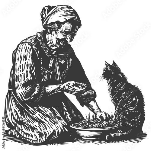 elderly woman activities with cat with engraving style