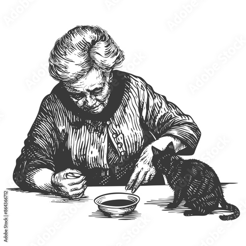 elderly woman activities with cat with engraving style