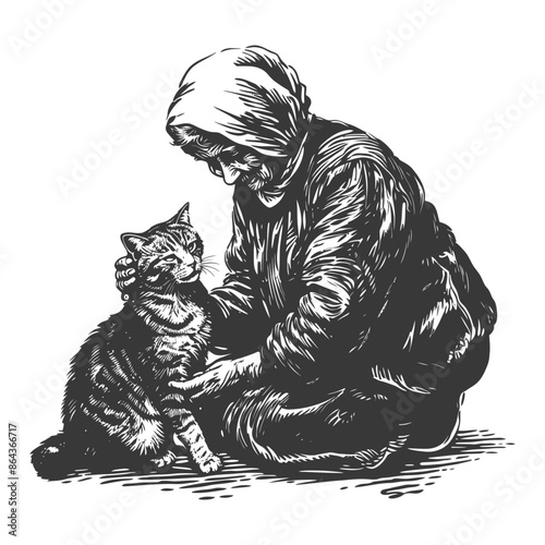 elderly woman activities with cat with engraving style