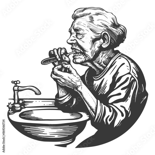 elderly woman brushing his teeth in front of the sink with engraving style