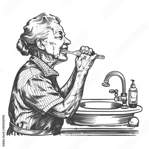 elderly woman brushing his teeth in front of the sink with engraving style