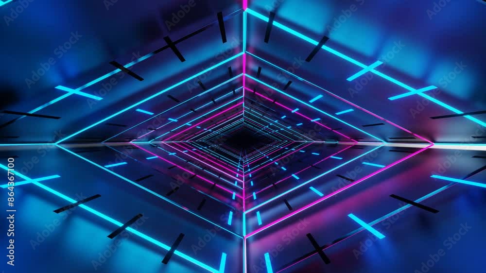 Abstract illustration blue neon visual dynamic Loop Background of endless Parallelogram tunnel