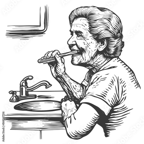 Woodcut Grandma: Daily Dental Routine, Vintage Style, Aged Woman Brushing Teeth.
