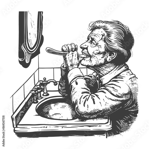 Elderly Woman Shaving with Straight Razor, Vintage Bathroom Illustration.