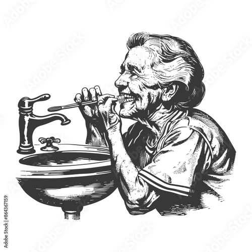 Elderly Woman Brushing Teeth: Detailed Black and White Sketch, Sink and Faucet, Dental Hygiene.