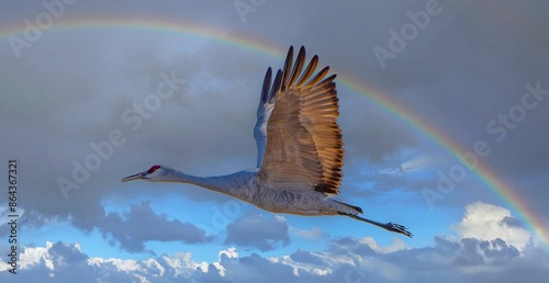 Sandhill Crane in flight with rainbow