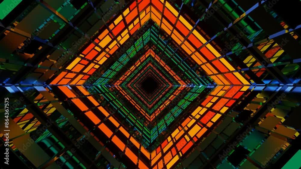 Abstract illustration colorful neon visual dynamic Loop Background of endless square tunnel