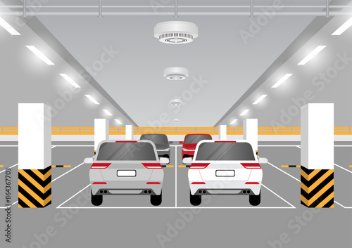 Smoke Alarm. Smoke Detector and Fire Alarm on Ceiling in Parking Lot. Vector Illustration. 