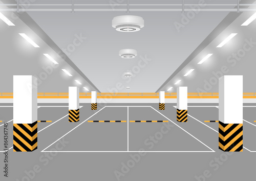Smoke Alarm. Smoke Detector and Fire Alarm on Ceiling in Parking Lot. Vector Illustration. 
