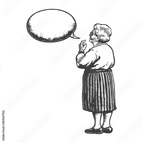 Engraving: Elderly Woman in Striped Skirt with Empty Speech Bubble.