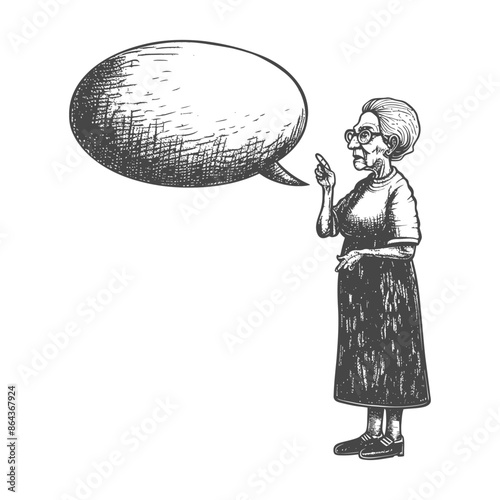Sketch of a stern old woman with glasses, scolding with a speech bubble.