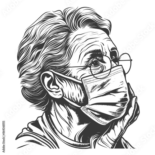 Linework Portrait: Elderly Woman with Mask, Glasses, Pensive Expression, Covid Era.