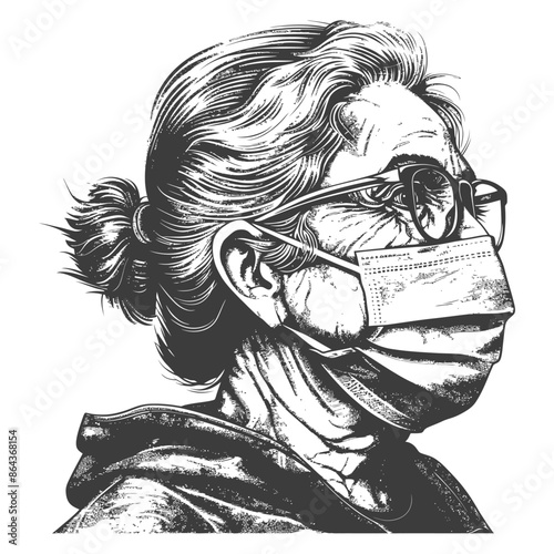 Masked Elder: Etched Portrait of a Woman with Glasses in Pandemic Protection
