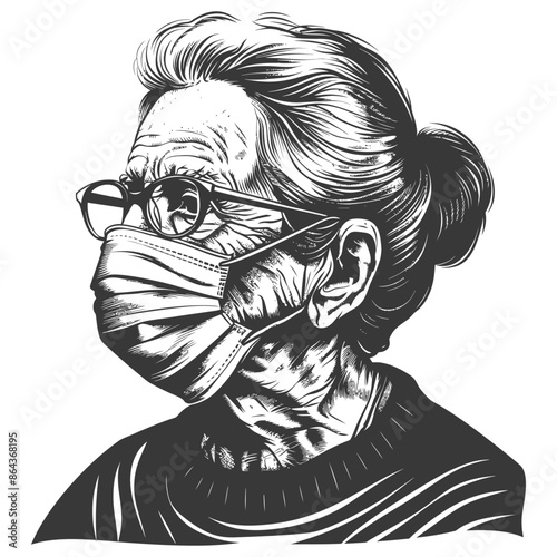 Engraved Portrait: Elderly Woman in Mask, Glasses, Textured Hair, COVID-19 Protection.