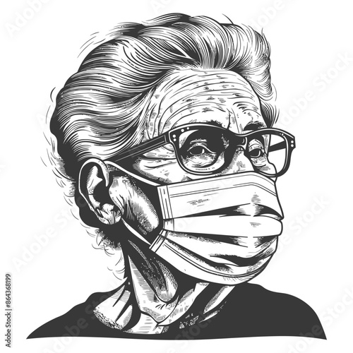 Elderly Woman in Mask, Detailed Engraving Style, Pandemic Portrait.