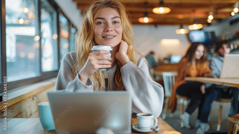 A young woman in a cozy café setting, holding a cup of coffee and smiling warmly at the camera, with an inviting atmosphere in the background, capturing a serene and relaxed moment.