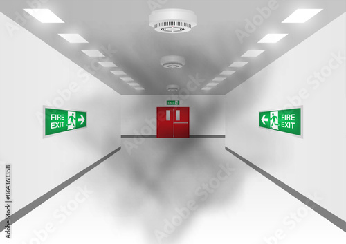 Smoke Alarm. Smoke Detector and Fire Alarm on Ceiling in the Building. Vector Illustration. 