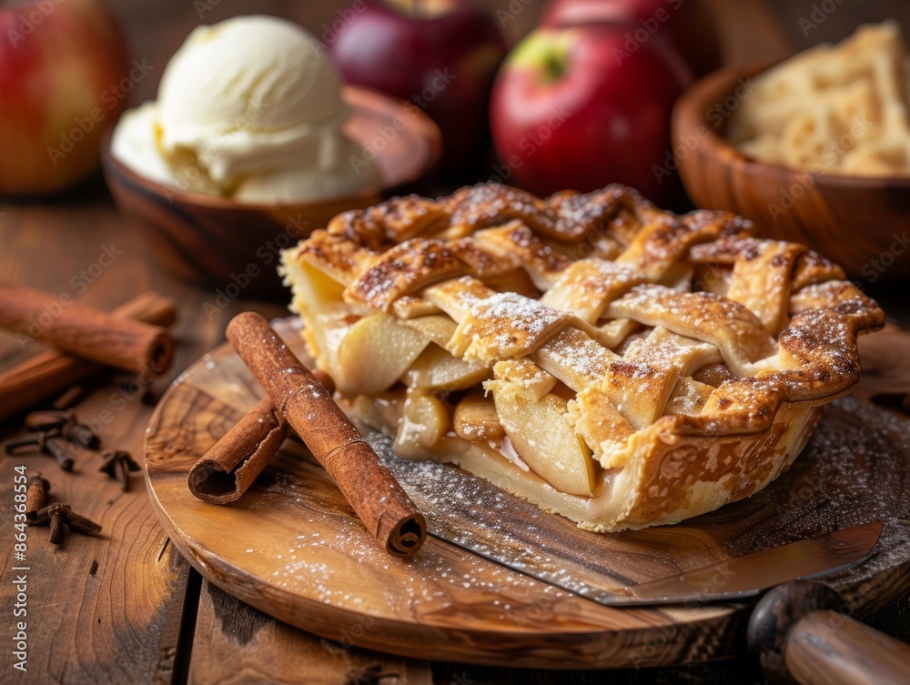 A slice of homemade apple pie with a lattice crust, served with vanilla ice cream and cinnamon sticks on a wooden board.