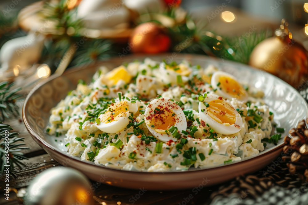 Festive Egg and Potato Salad with Fresh Chives and Holiday Decor Festive Egg and Potato Salad with Fresh Chives and Holiday Decor