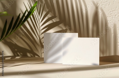 Two Blank Cards on a Light Background With Palm Leaf Shadows
