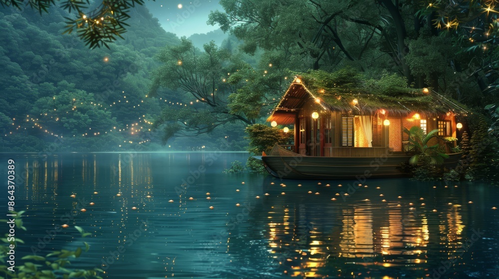 Fototapeta premium Illustration of An enchanting houseboat floating on a serene lake, with twinkling lights and lush greenery
