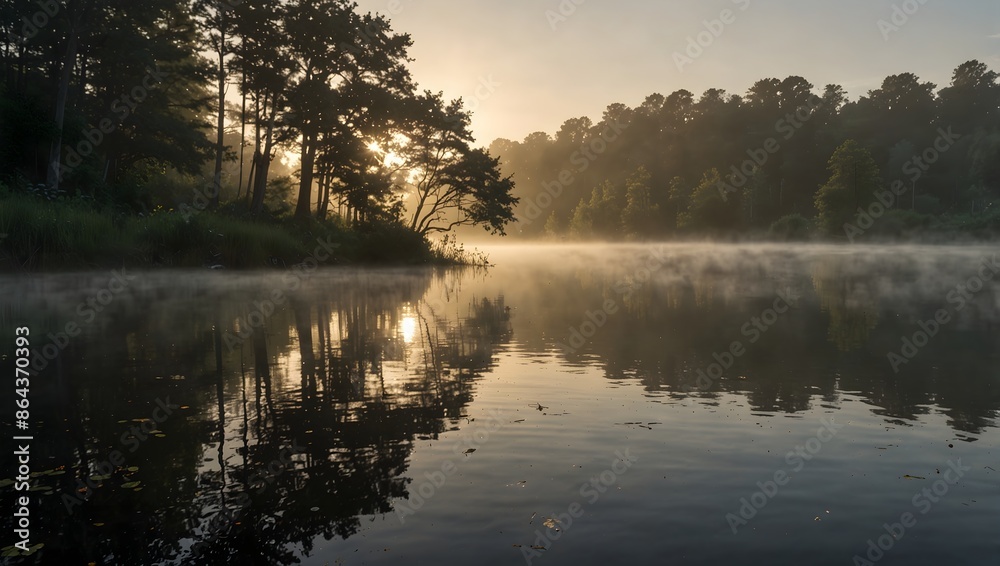 Obraz premium A serene lakeside scene at sunrise, with mist gently rising above the water ai_generated