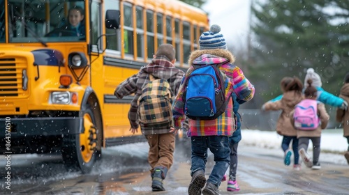Group of children with colorful backpacks running on a snowy road towards a yellow school bus, capturing the lively and energetic spirit of school mornings in winter. photo