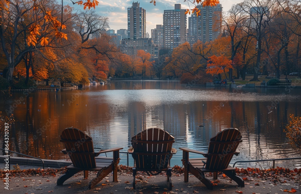 Fototapeta premium Three wooden chairs are arranged facing a serene lake surrounded by autumn trees with vibrant fall colors, in a city park setting, exhibiting tranquility and peace.
