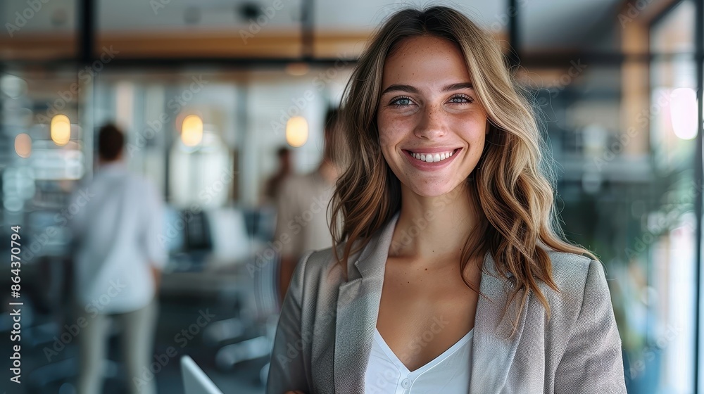 A confident woman in a beige blazer smiles at the camera while standing in a modern office setting, holding a tablet and radiating professionalism and positivity, with office decor in the background. A confident woman in a beige blazer smiles at the camera while standing in a modern office setting, holding a tablet and radiating professionalism and positivity, with office decor in the background.