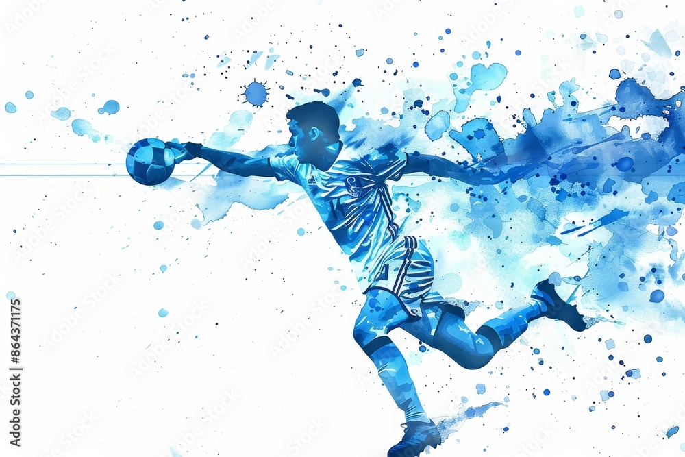 Naklejka premium Vibrant watercolor illustration of a handball game at the Paris 2024 Olympics, showcasing the dynamic action and teamwork inherent in the sport, Generative AI