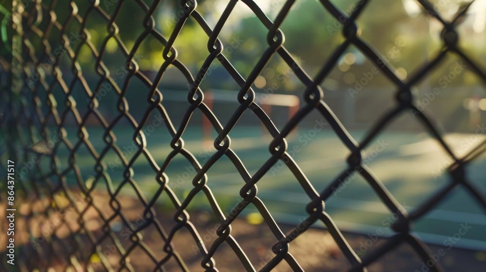 Fototapeta premium Close-up of chain-link fence with blurred tennis court in background, morning sun. Sports and recreation concept