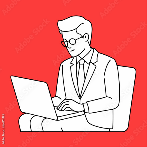 continuous line drawing illustration of a businessman diligently working on his laptop while seated on an office chair, wearing glasses (12)