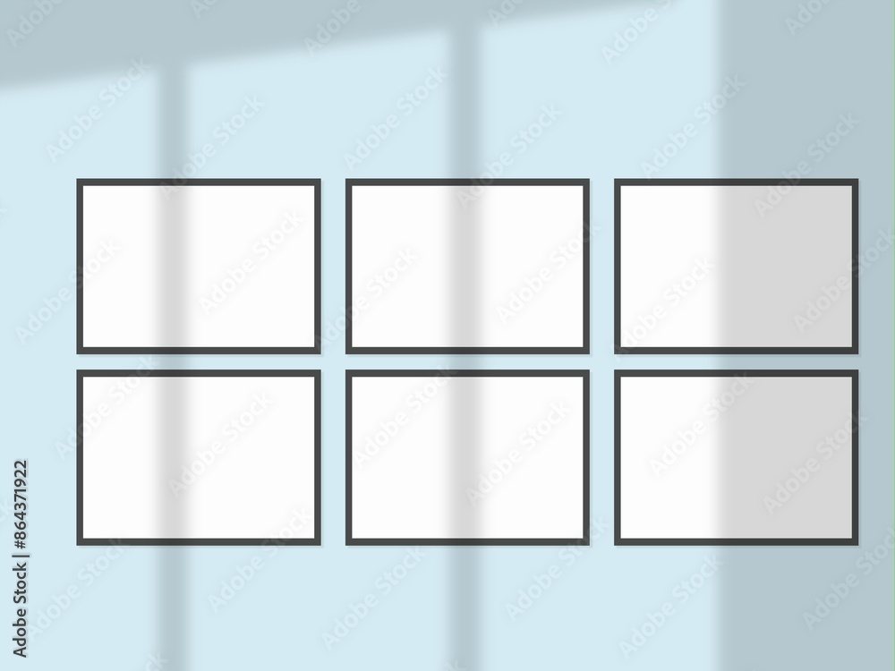 Minimal picture poster frame mockup on the wall with window shadow and leaves Minimal picture poster frame mockup on the wall with window shadow and leaves