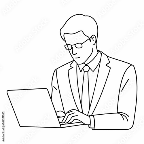 continuous line drawing illustration of a businessman diligently working on his laptop while seated on an office chair, wearing glasses (28)