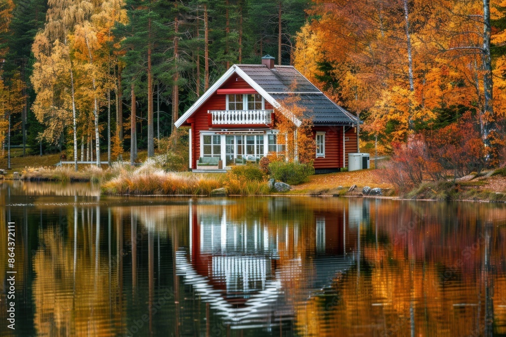 A small cabin on the edge of an autumn forest lake, with its reflection in the crystal clear water and colorful foliage around it Generative AI A small cabin on the edge of an autumn forest lake, with its reflection in the crystal clear water and colorful foliage around it Generative AI