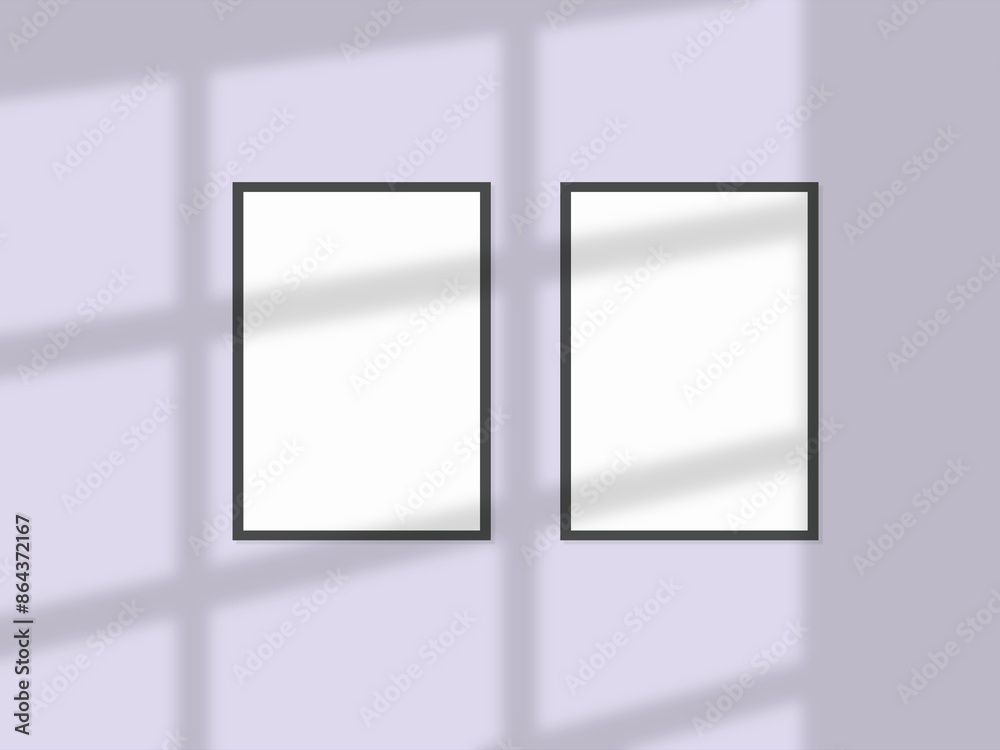 Minimal picture poster frame mockup on the wall with window shadow and leaves Minimal picture poster frame mockup on the wall with window shadow and leaves