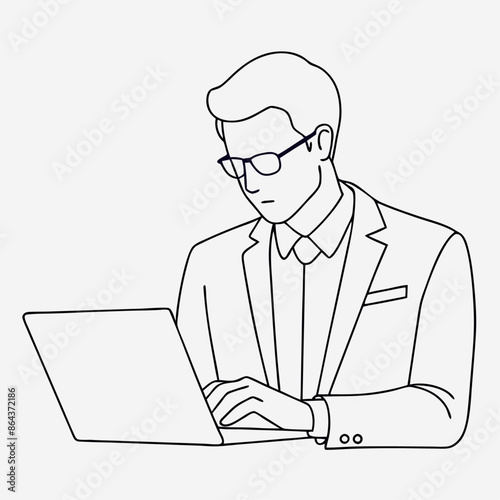 continuous line drawing illustration of a businessman diligently working on his laptop while seated on an office chair, wearing glasses (36)